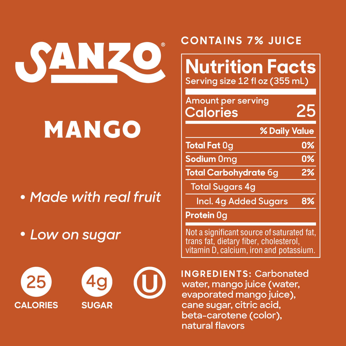 Sanzo Mango Sparkling Water can on table highlighting low-calorie, real-fruit flavor.