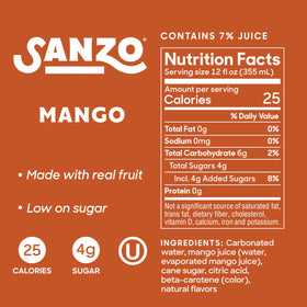 Sanzo Mango Sparkling Water can on table highlighting low-calorie, real-fruit flavor.
