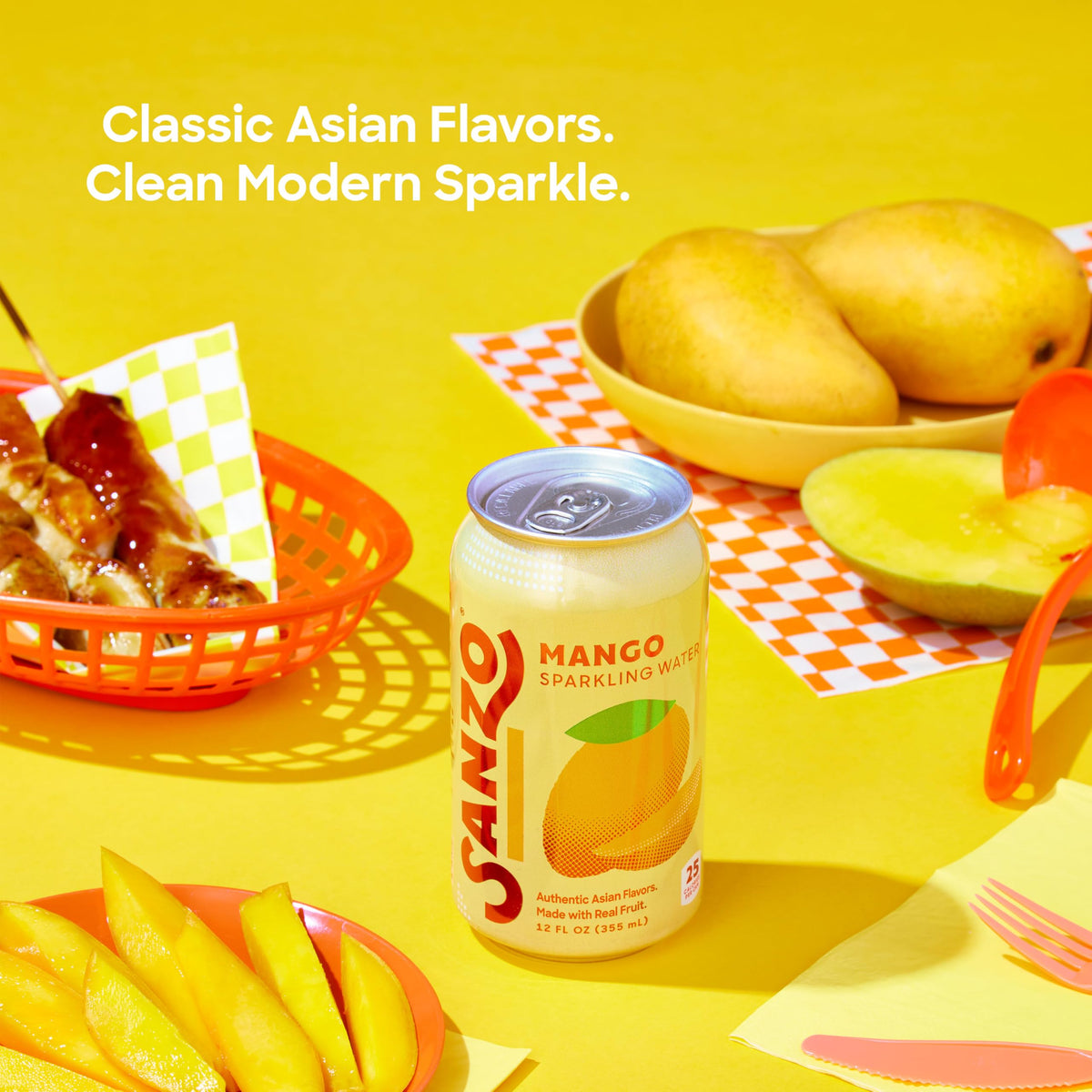 12-pack display of Sanzo Mango Sparkling Water for convenient daily hydration.