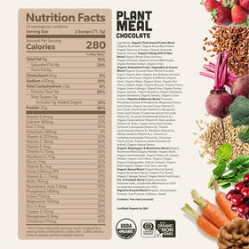 Close-up of Sapling Plant Meal Chocolate ingredients showing 76+ organic superfoods