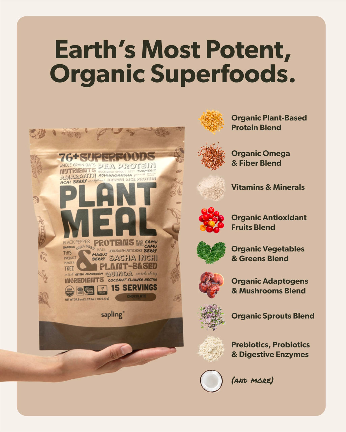 Nutrition label of Sapling Plant Meal Chocolate featuring 25g protein
