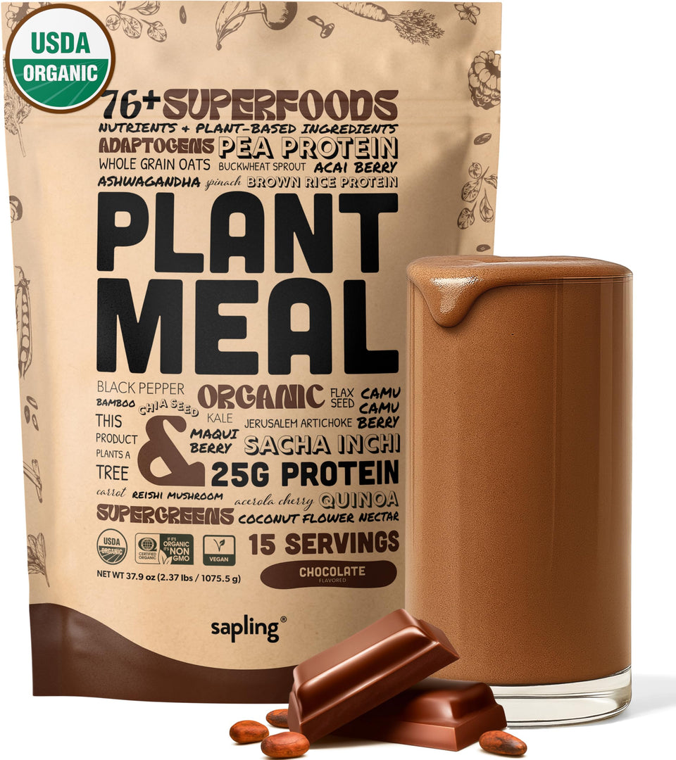 Sapling Plant Meal Chocolate tub with scoop, plant-based protein option