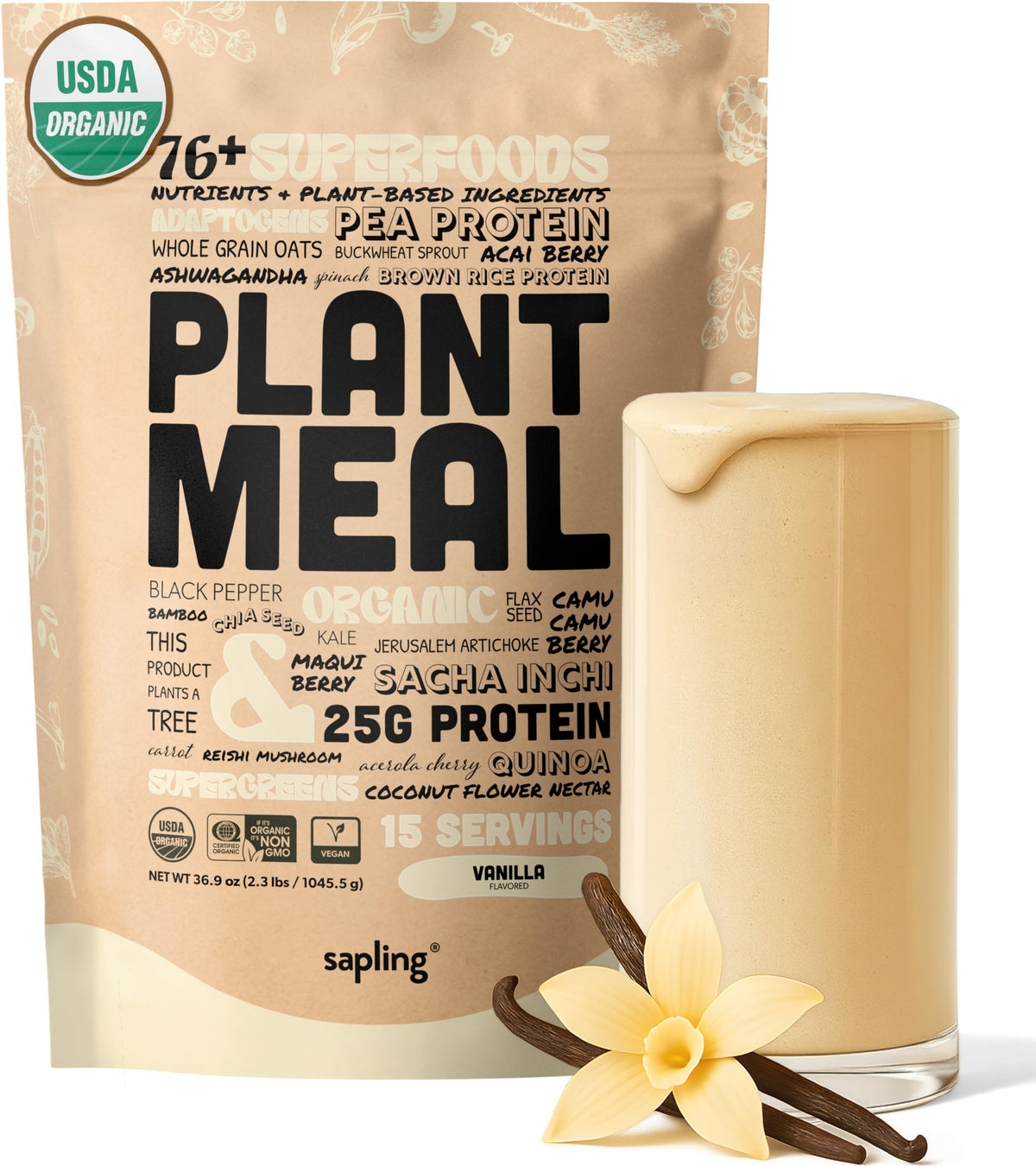 Sapling Plant Meal Vanilla bottle shows convenient plant-based nutrition for busy mornings