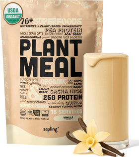 Sapling Plant Meal Vanilla bottle shows convenient plant-based nutrition for busy mornings