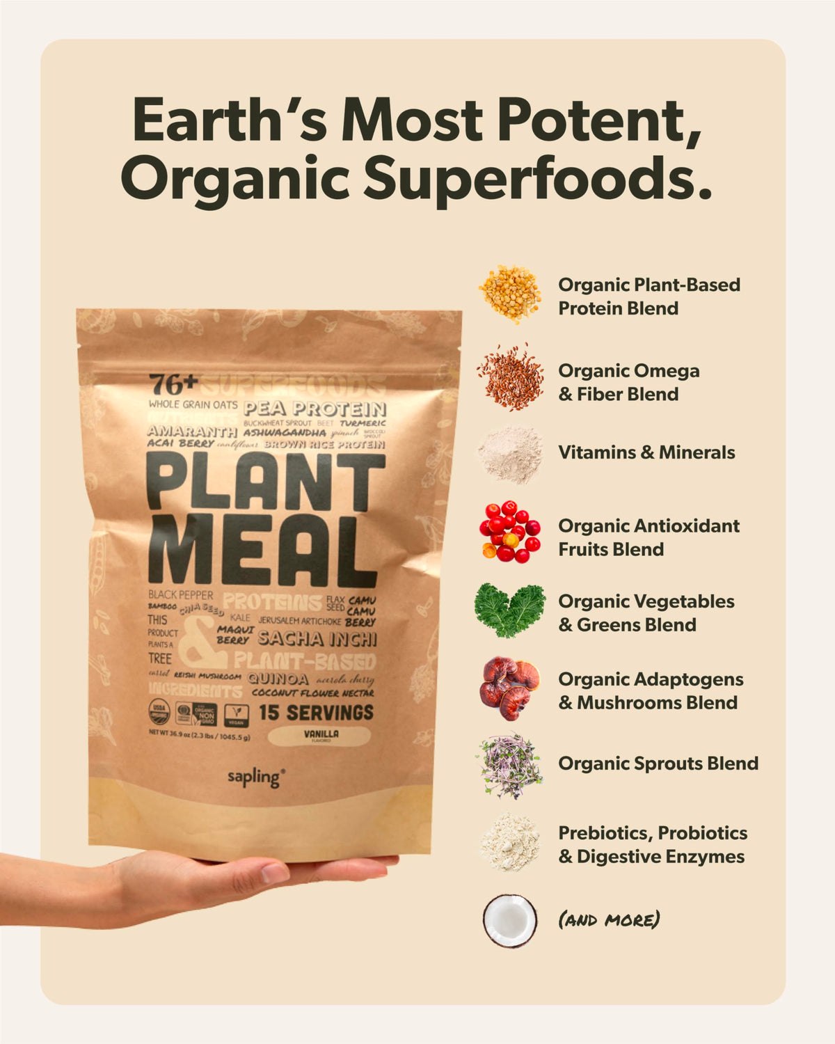 Sapling Plant Meal Vanilla ingredients bowl reveals colorful organic ingredients