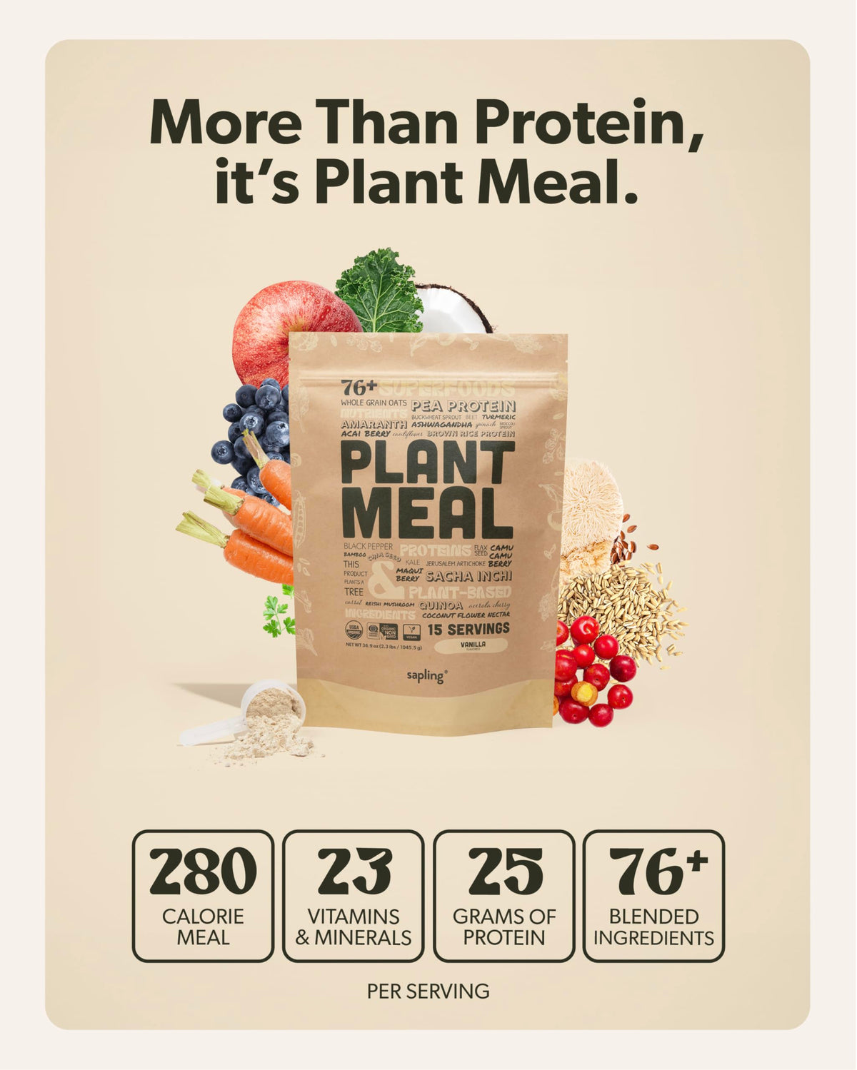 Sapling Plant Meal Vanilla shake glass demonstrates a creamy, protein-packed beverage