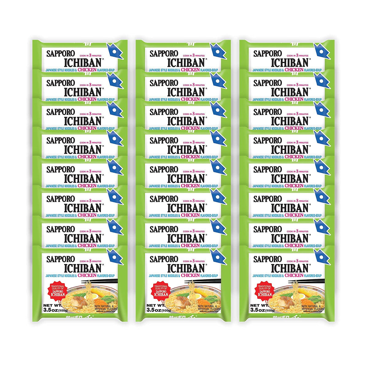 Sapporo Ichiban chicken noodles packaging shown for quick family meals.