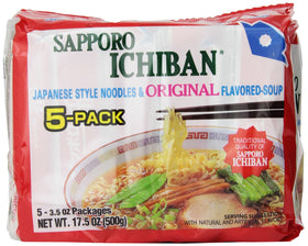 Six-pack Sapporo Ichiban Original Soy Sauce ramen for quick meals.