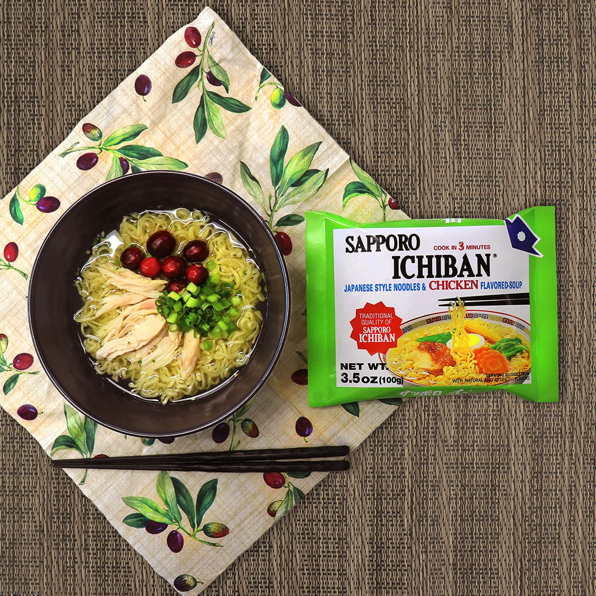Sapporo Ichiban packaging highlights GMO-free ingredients and domestic sourcing.