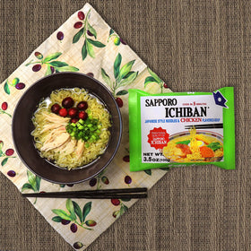 Sapporo Ichiban packaging highlights GMO-free ingredients and domestic sourcing.