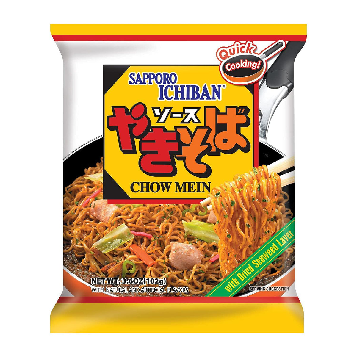 Sapporo Ichiban Yakisoba being cooked in a pan for a quick meal.