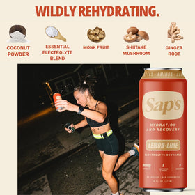 Pouring SAPS Lemon Lime to highlight instant hydration and refreshing flavor.