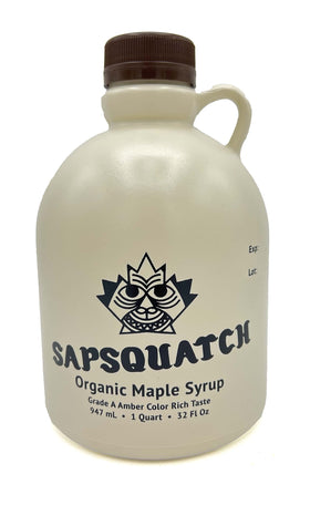 Sapsquatch Organic Maple Syrup bottle on counter highlighting premium amber color for breakfasts