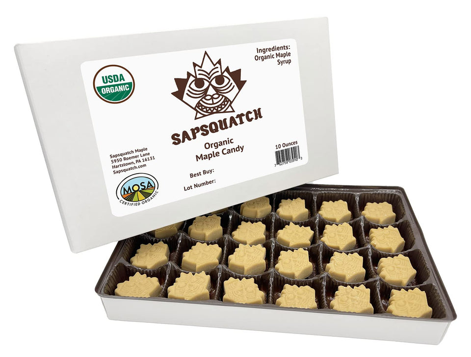 Sapsquatch Organic Maple Candy box with 24 pieces, ideal gift option