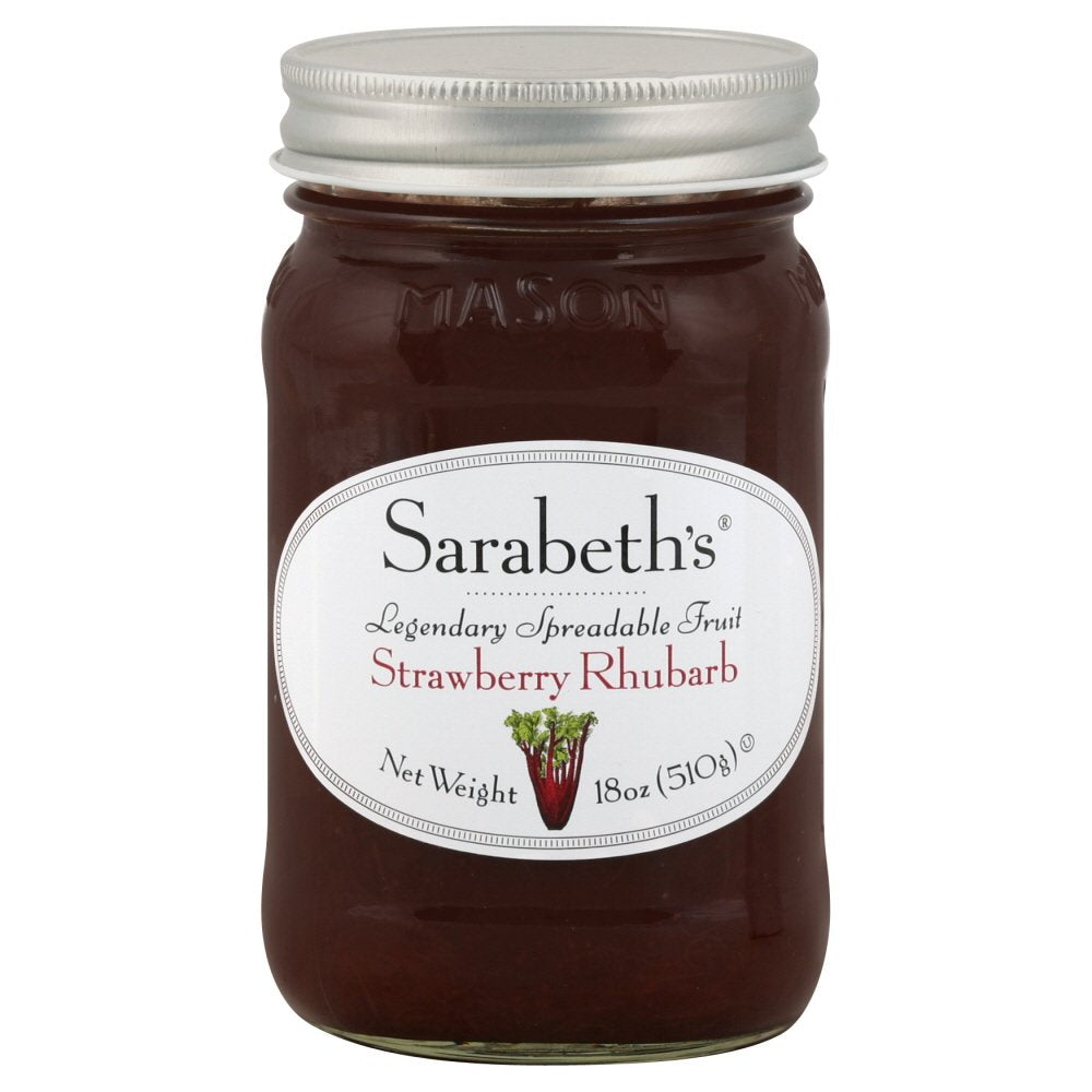 Sarabeth's strawberry rhubarb fruit spread jar adds bright flavor to toast and yogurt.