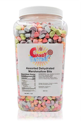 Sarah's Candy Factory jar-front view of colorful marshmallow bits for easy snacking.