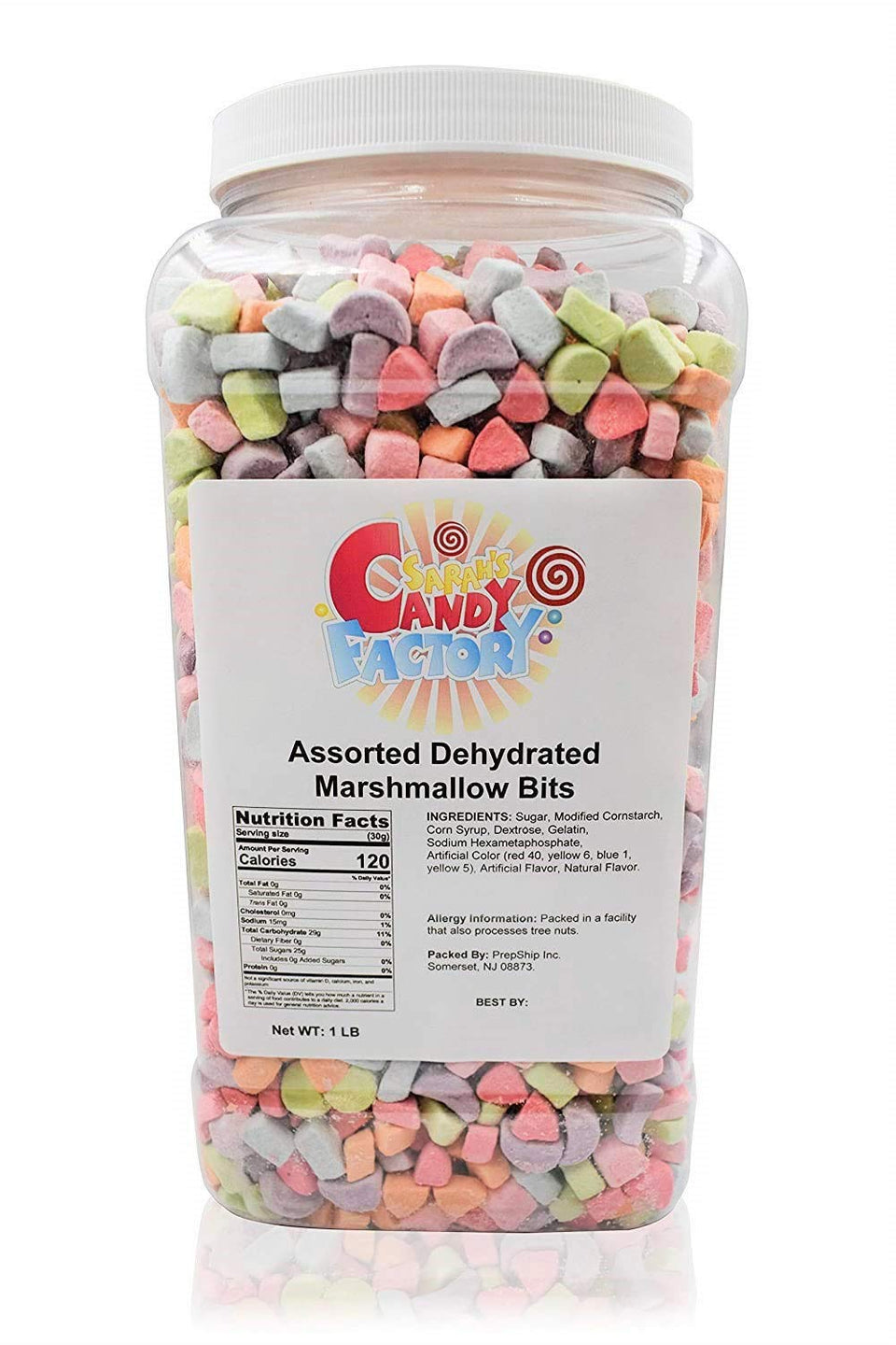 Sarah's Candy Factory jar-front view of colorful marshmallow bits for easy snacking.