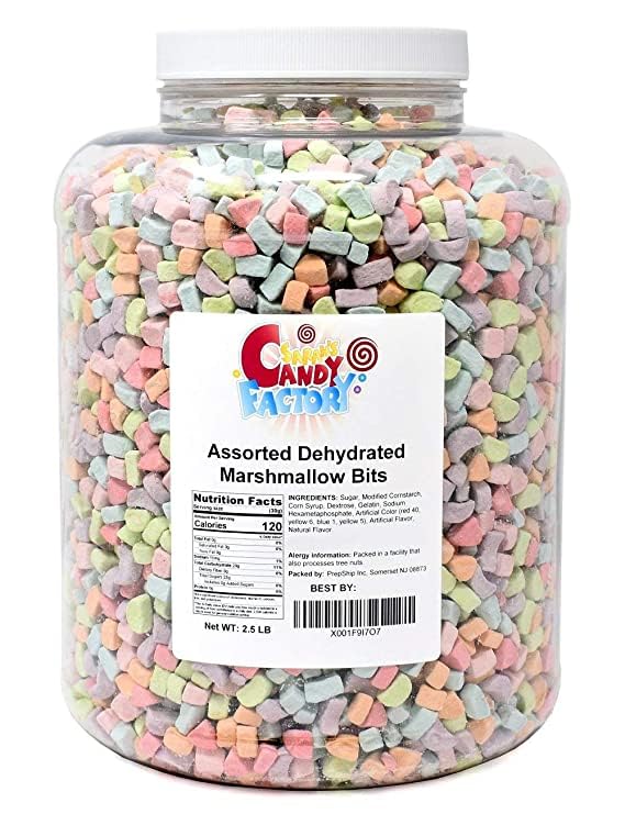 Sarah's Candy Factory jar of assorted dehydrated marshmallow bits, perfect for topping cereals.