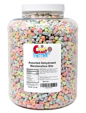 Sarah's Candy Factory jar of assorted dehydrated marshmallow bits, perfect for topping cereals.