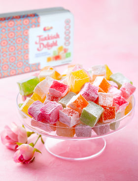Assorted fruit-flavored lokum pack ready for sharing.