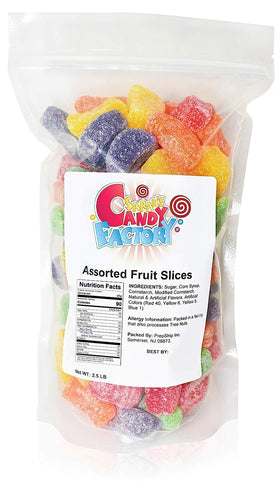 Sarah's Candy Factory assorted fruit slices in a resealable bag for on-the-go snacking.