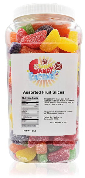 Sarah's Candy Factory assorted fruit slices in a jar, perfect for sharing at parties.