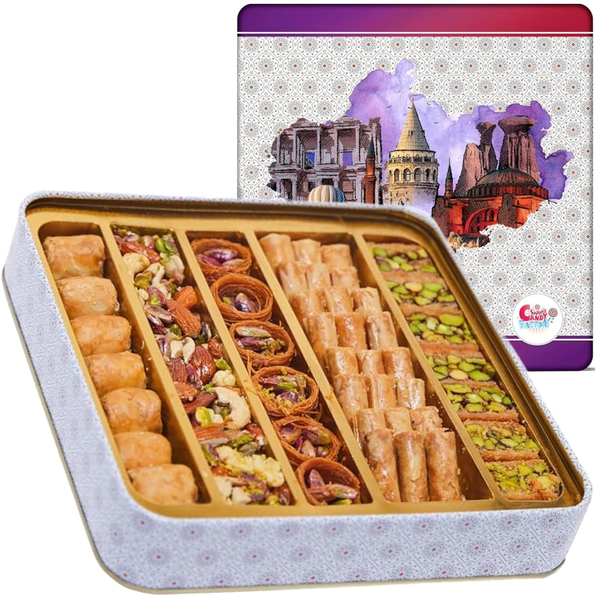 Sarah's Candy Factory baklava gift box in a metal tin, ideal for sharing at celebrations.
