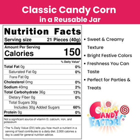 Sarah's Candy Factory candy corn jar closeup showing colorful wedges for seasonal snacking