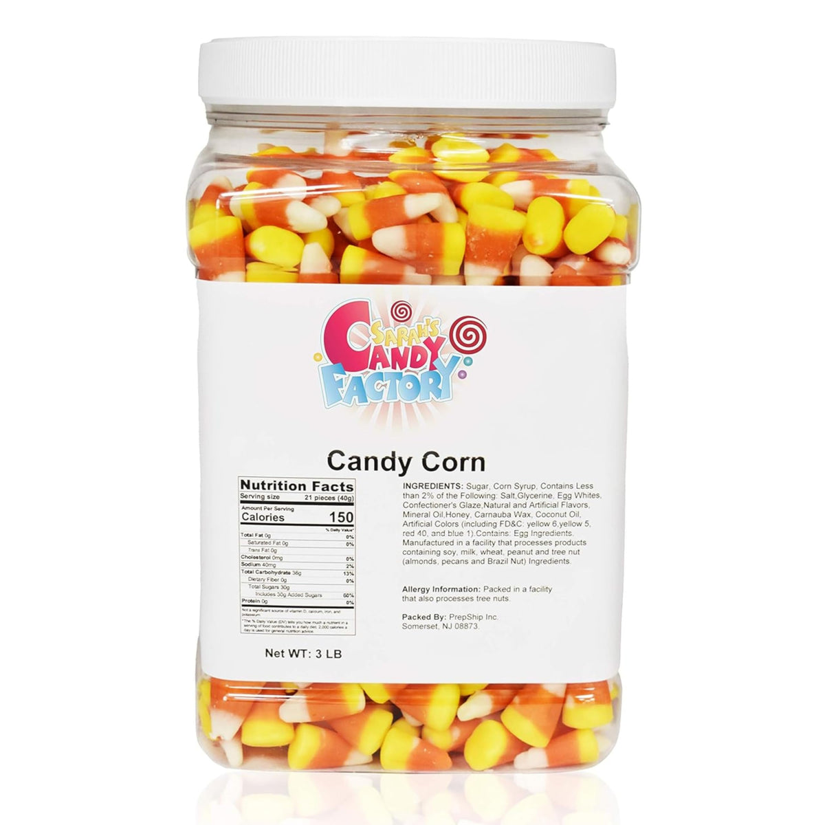 Sarah's Candy Factory candy corn jar front with vibrant colors for festive snacking.