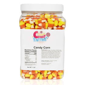 Sarah's Candy Factory candy corn jar front with vibrant colors for festive snacking.