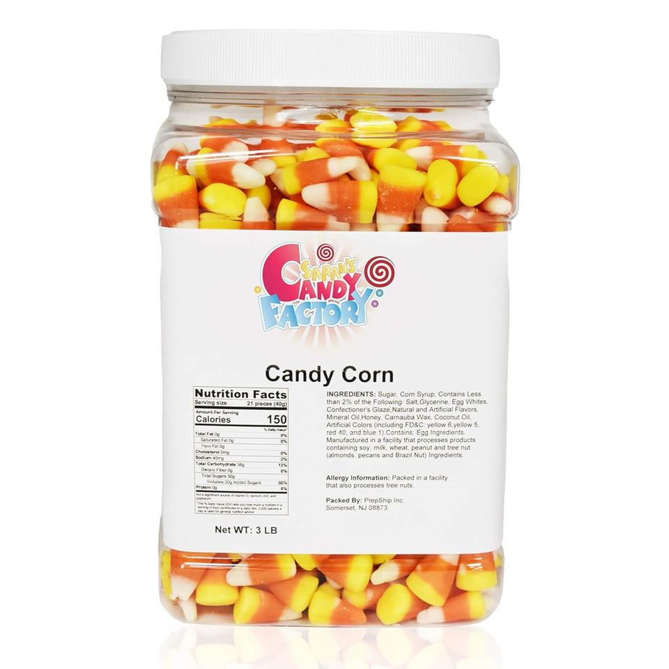 Sarah's Candy Factory candy corn jar front with vibrant colors for festive snacking.