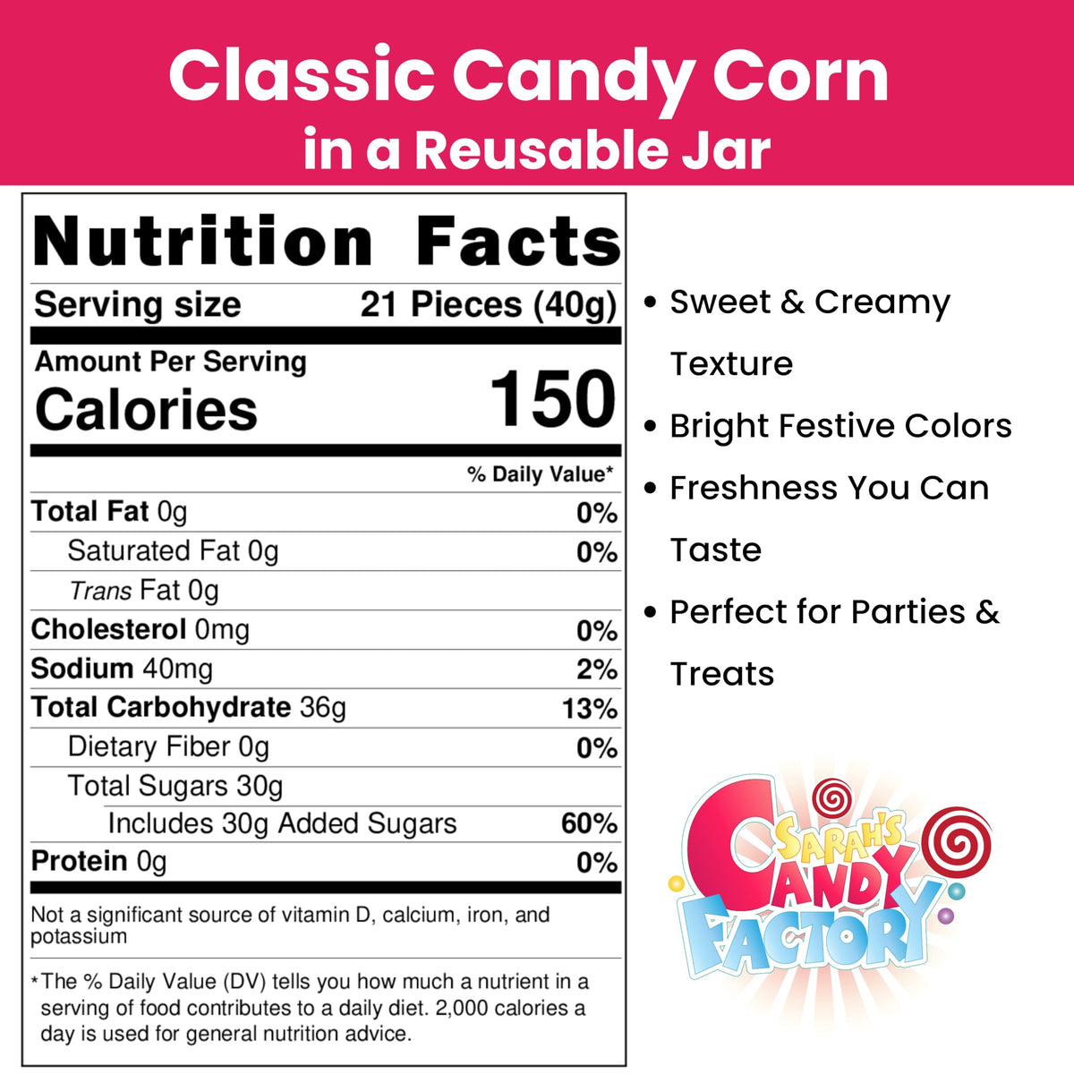 Sarah's Candy Factory candy corn jar on kitchen counter for easy party access.