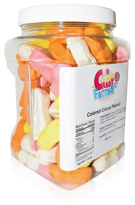 Sarah's Candy Factory colorful circus peanuts closeup, vibrant colors and soft chew for sharing.
