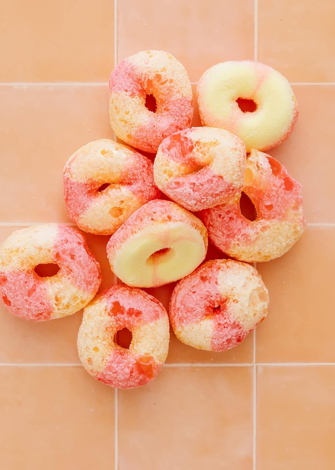 Sarah's Candy Factory peach rings close-up showing crunchy texture and bright flavor