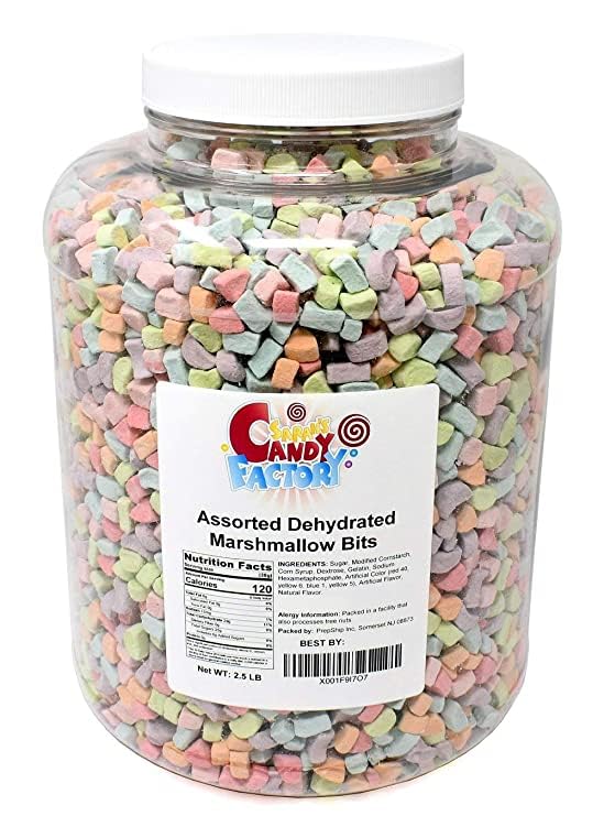 Sarah's Candy Factory multicolor dehydrated marshmallows, ideal as a fun garnish on desserts.