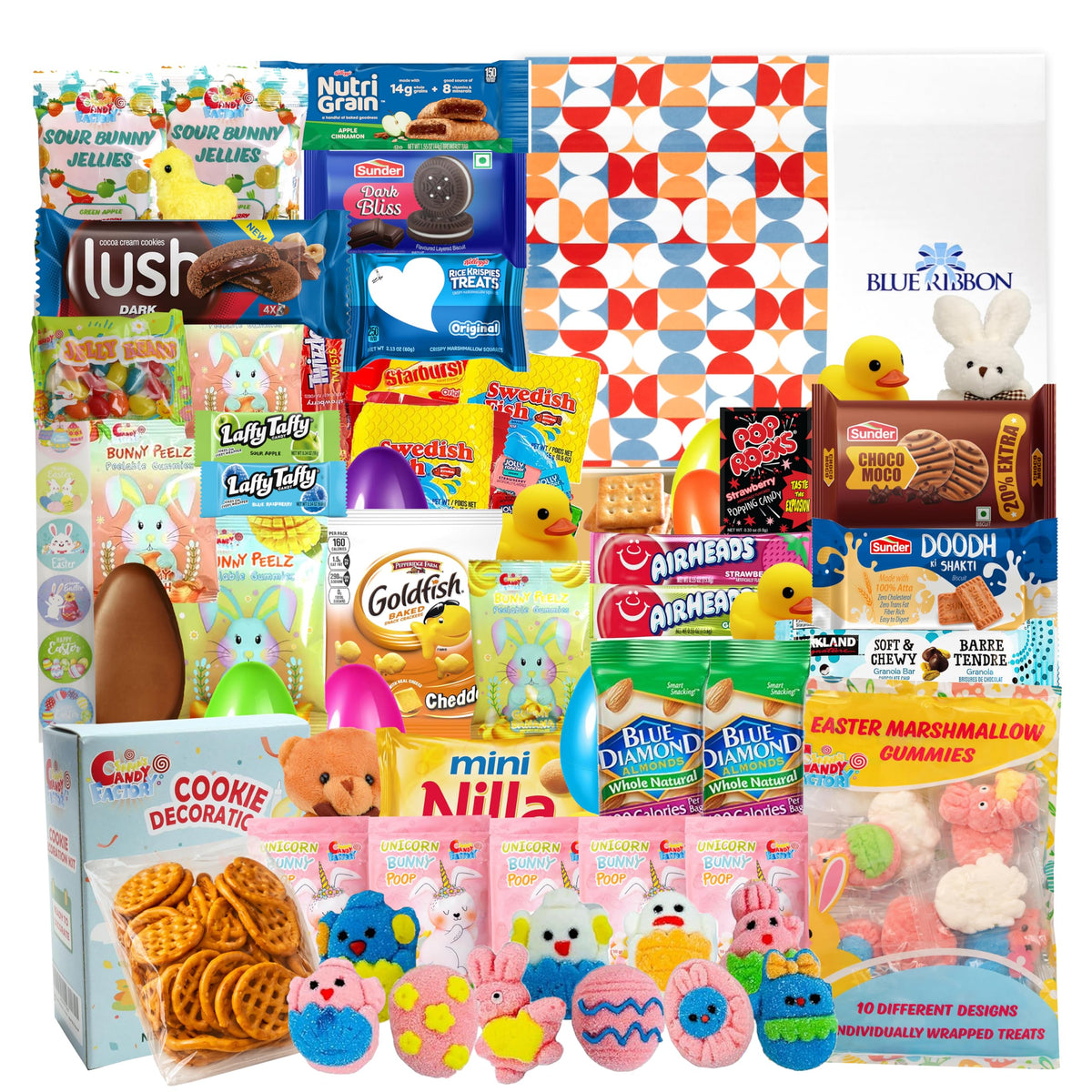 Sarah's Candy Factory Easter Snack Box front view, 72 count, ideal for gift baskets.