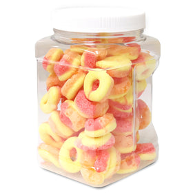 Sarah's Candy Factory freeze-dried peach rings in a resealable pack for crisp crunch