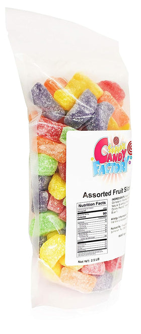 Sarah's Candy Factory fruit slices closeup showing chewy texture and vibrant flavors.