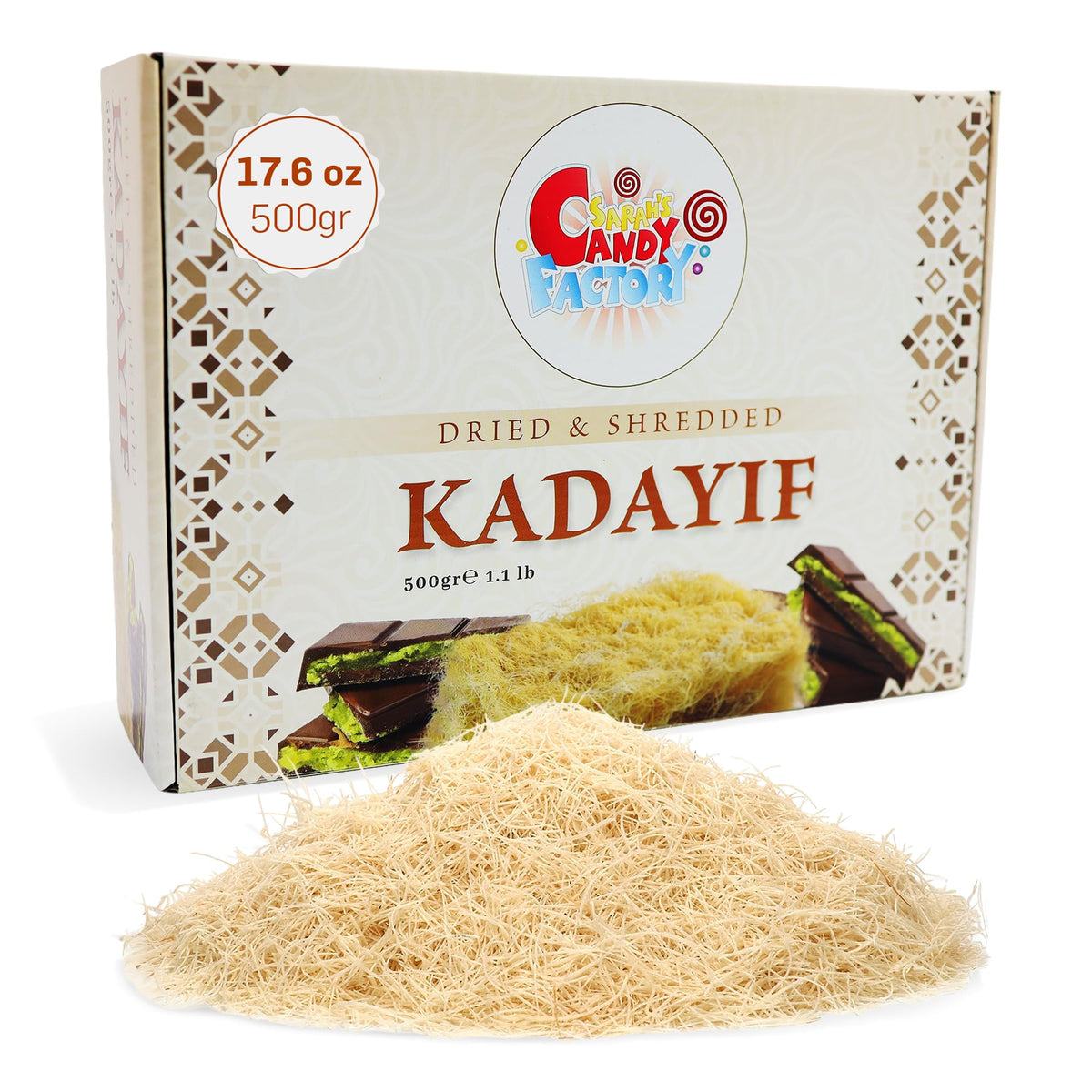 Sarah's Candy Factory kataifi dried pack: ready‑to‑use pastry for quick desserts.