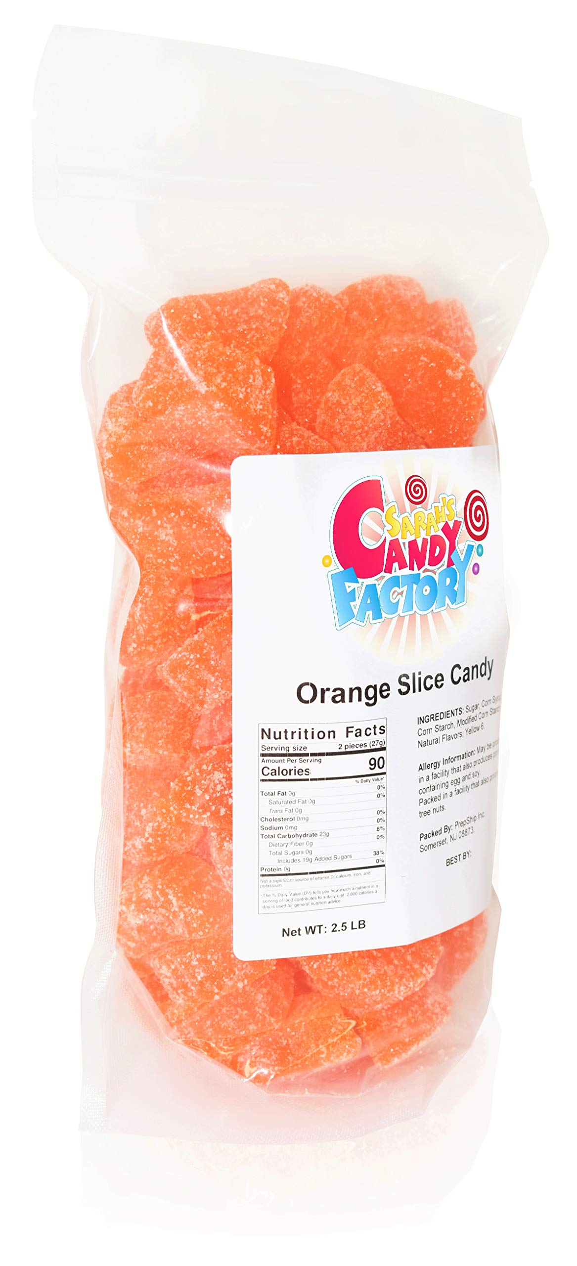 Sarah's Candy Factory orange slice candy close-up highlights chewy texture and bright citrus color.