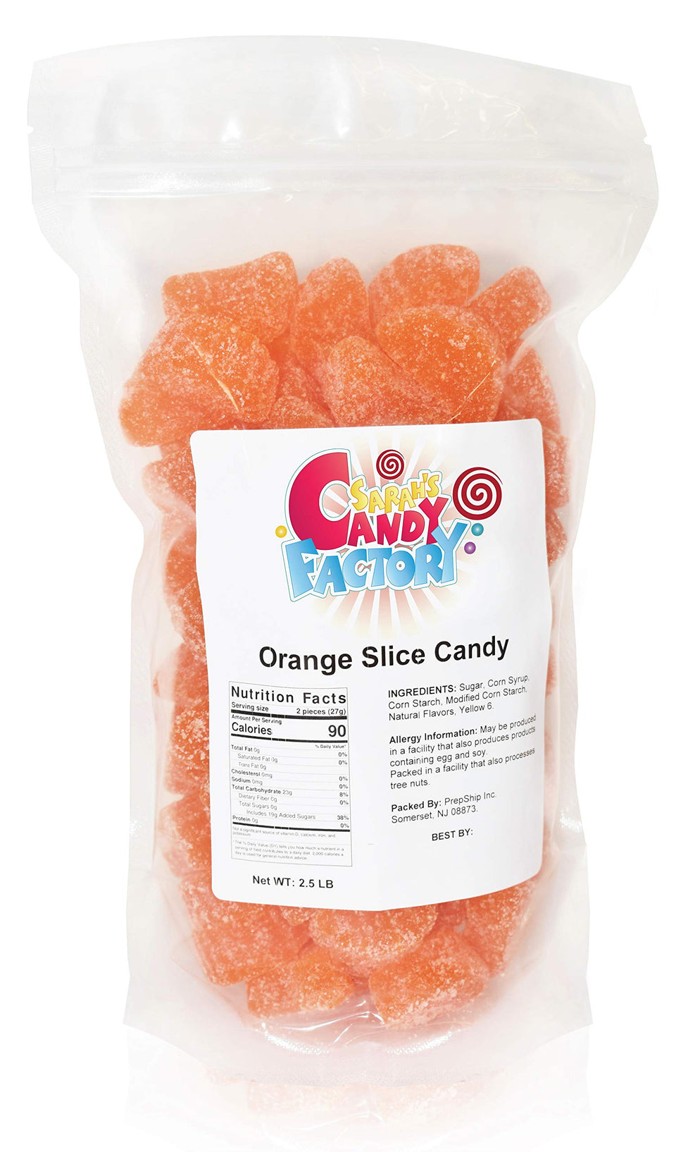 Sarah's Candy Factory orange slice candy in a resealable bag for easy storage and freshness.