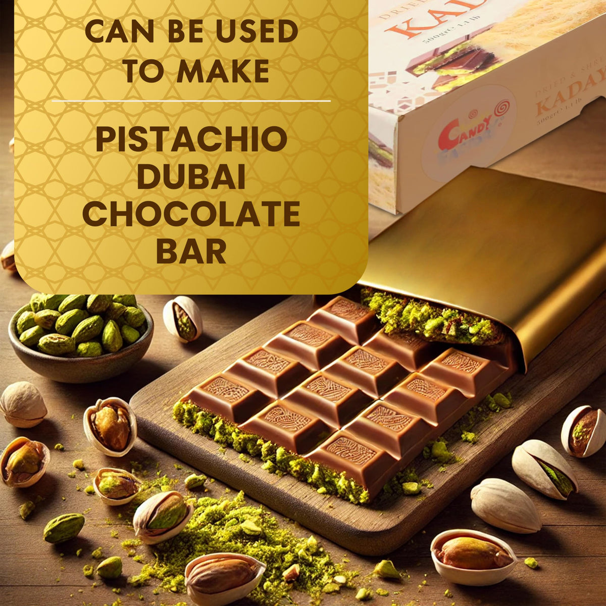 Sarah's Candy Factory pistachio paste with kataifi for Dubai-inspired desserts.