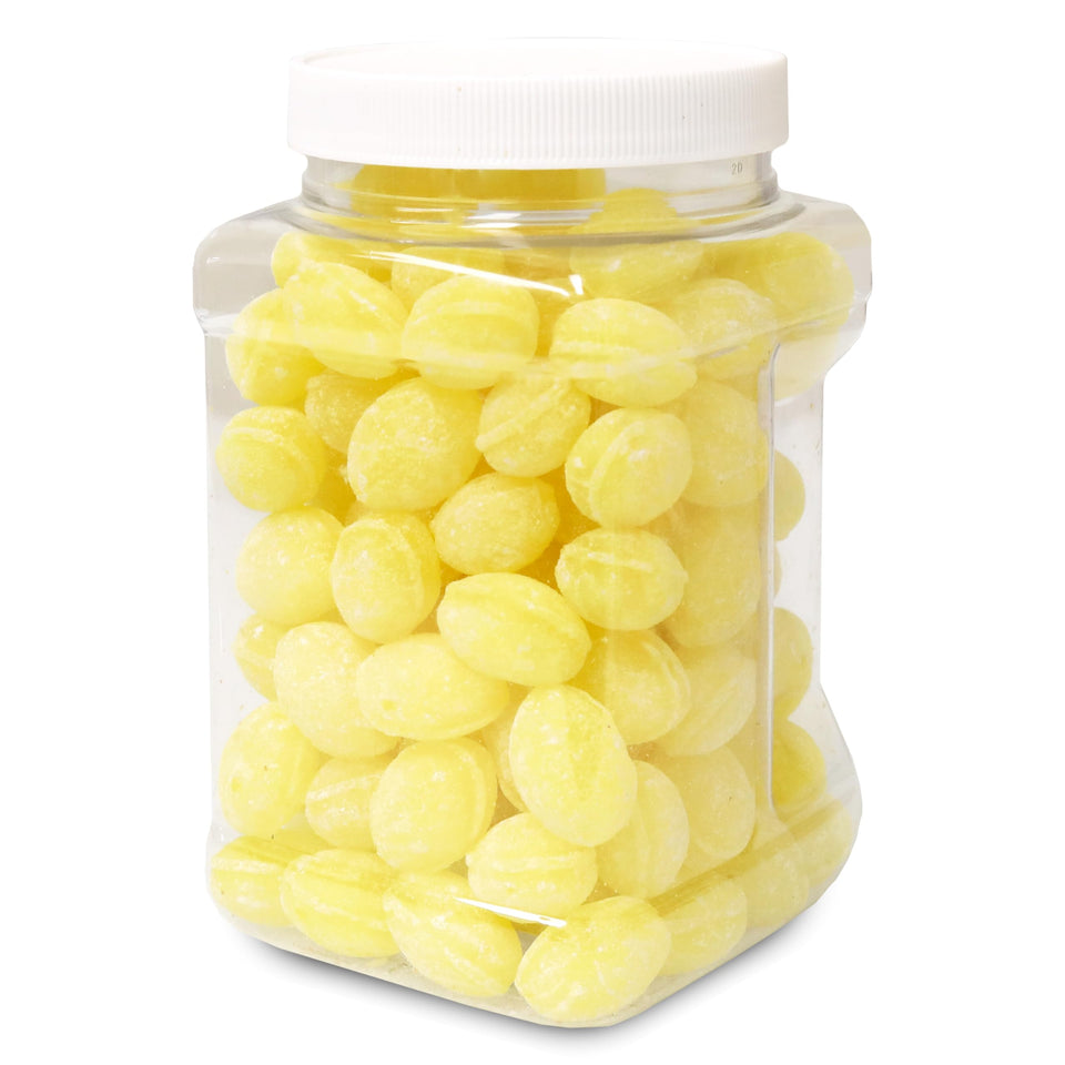 Sarah's Candy Factory sanded lemon drops jar displayed for convenient snacking.