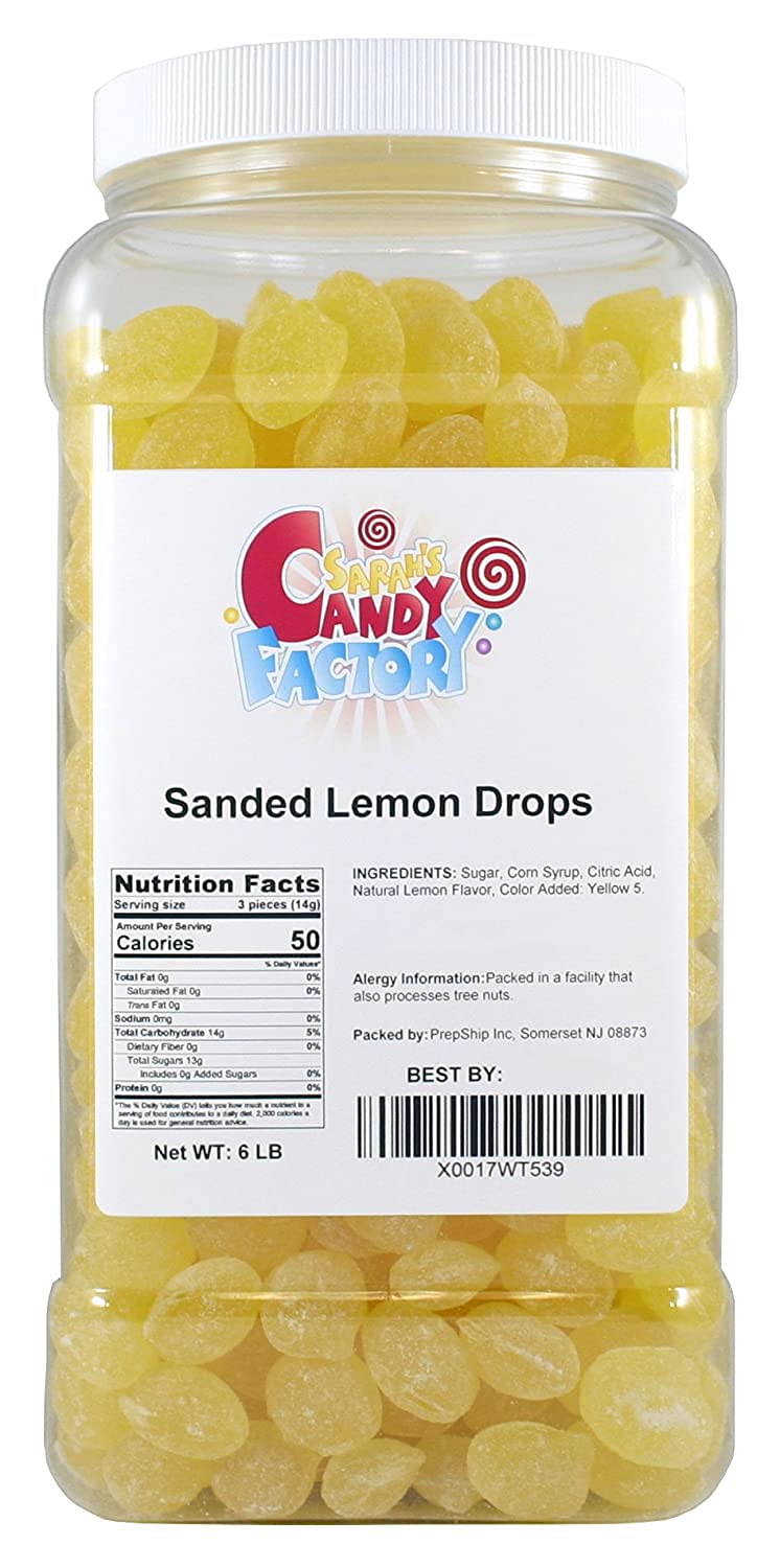 Sarah's Candy Factory sanded lemon drops jar for a nostalgic snack.