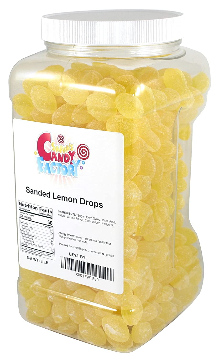 Sarah's Candy Factory sanded lemon drops label close-up highlights nostalgia.