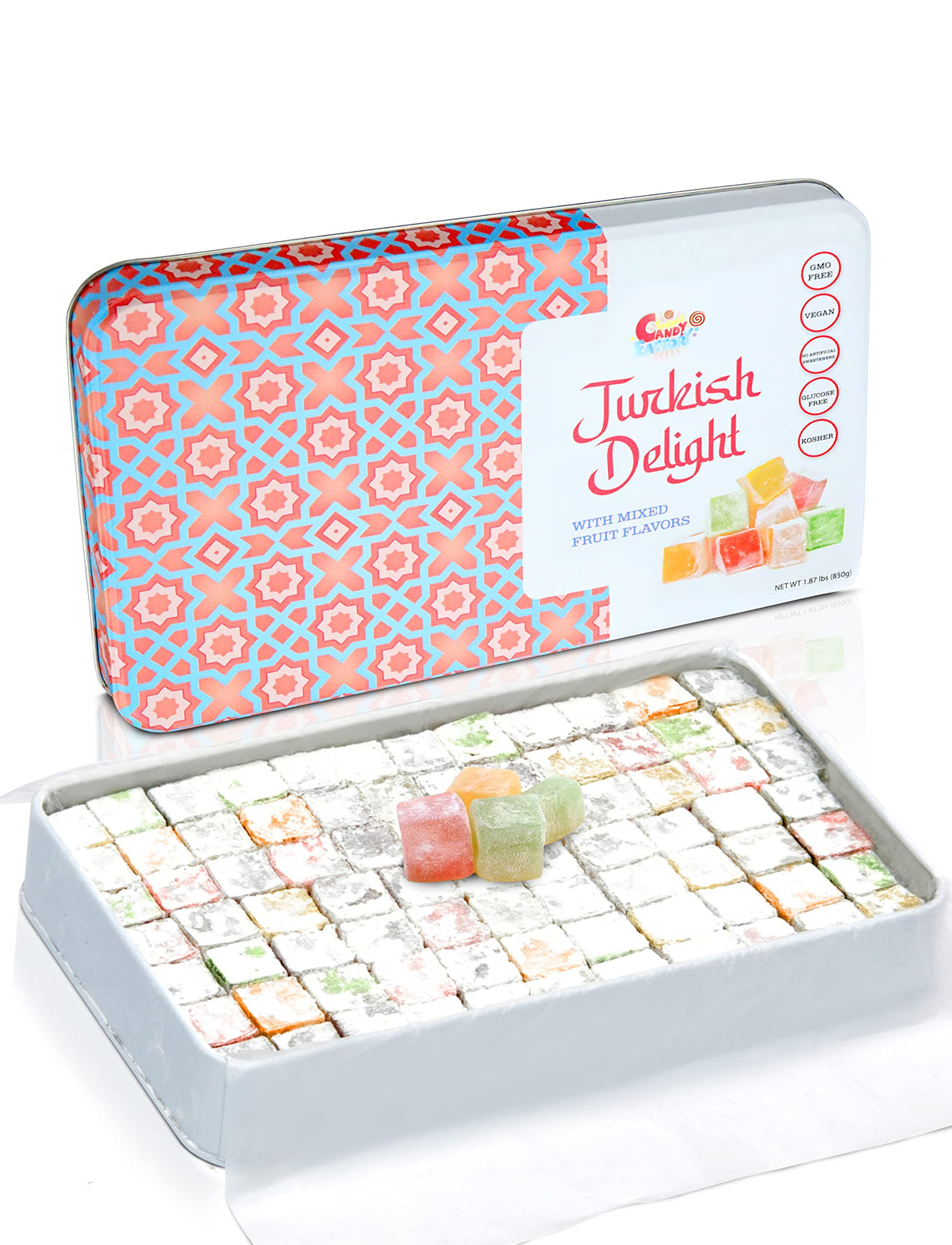 Close-up of chewy Turkish Delight cubes from Sarah's Candy Factory.