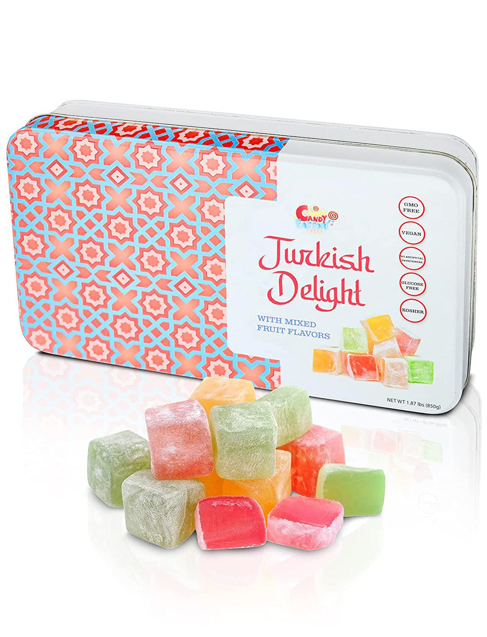 Sarah's Candy Factory Turkish Delight fruit flavors in a gift box.