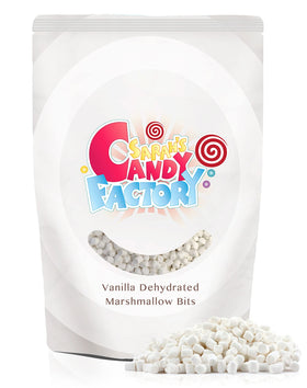 Sarah's Candy Factory vanilla mini dehydrated marshmallow bits in a resealable bag for freshness.