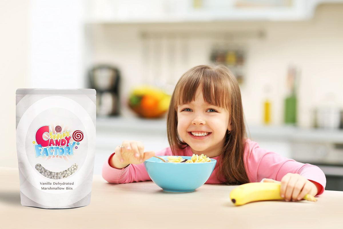 Sarah's Candy Factory vanilla mini dehydrated marshmallow bits add vanilla flavor to desserts.