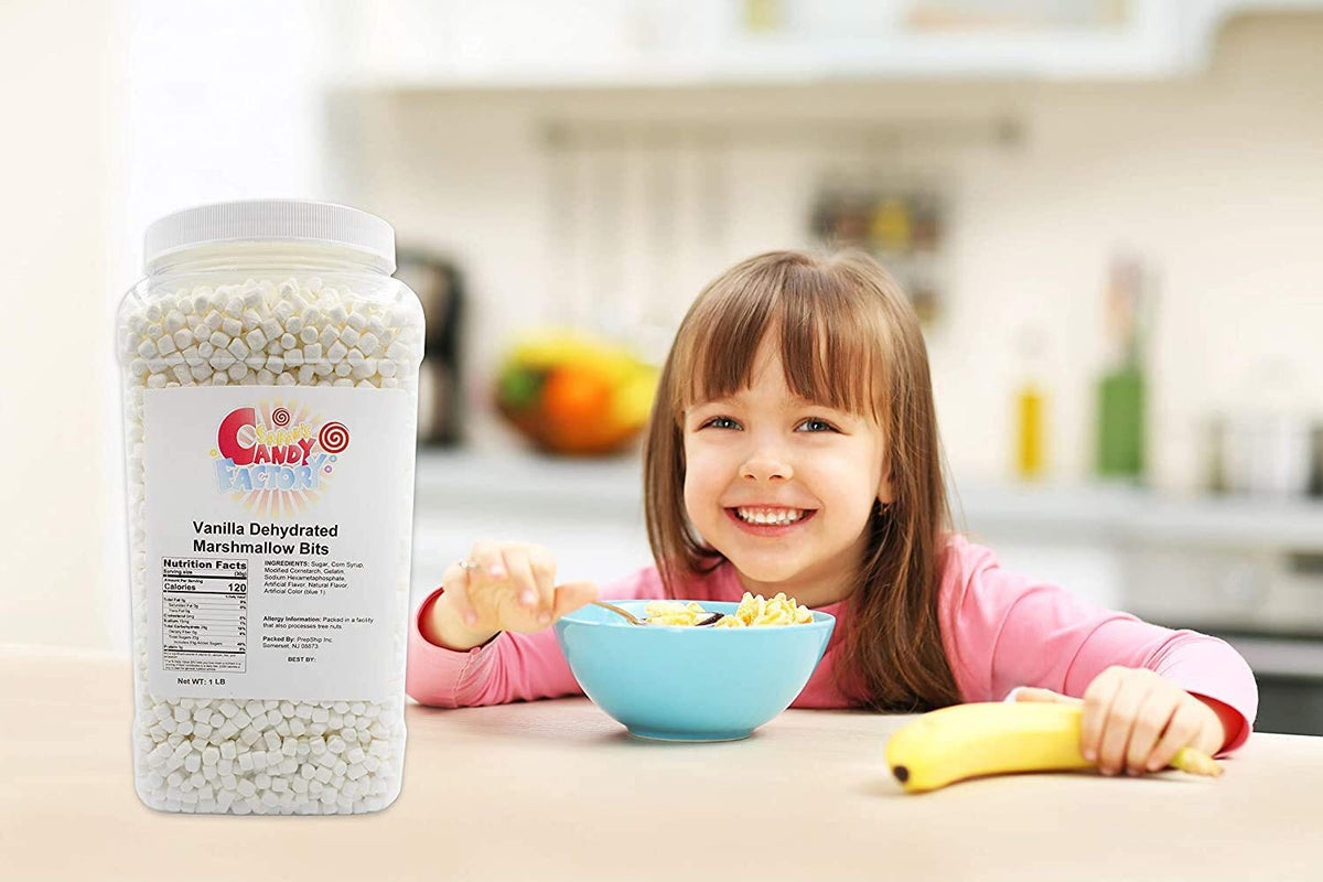 Vanilla mini marshmallows sprinkled over cereal for quick flavor boost by Sarah's Candy Factory.